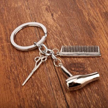 Porte-clés thème coiffure peigne, sèche-cheveux et ciseaux