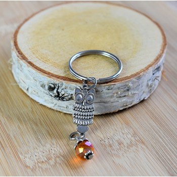 Silver owl keyring with orange faceted pearl