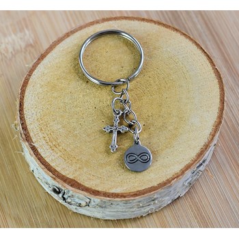 Silver infinity medal and Gothic cross key ring