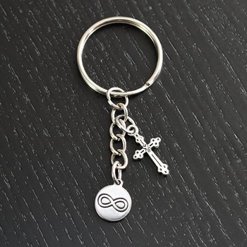 Silver infinity medal and Gothic cross key ring