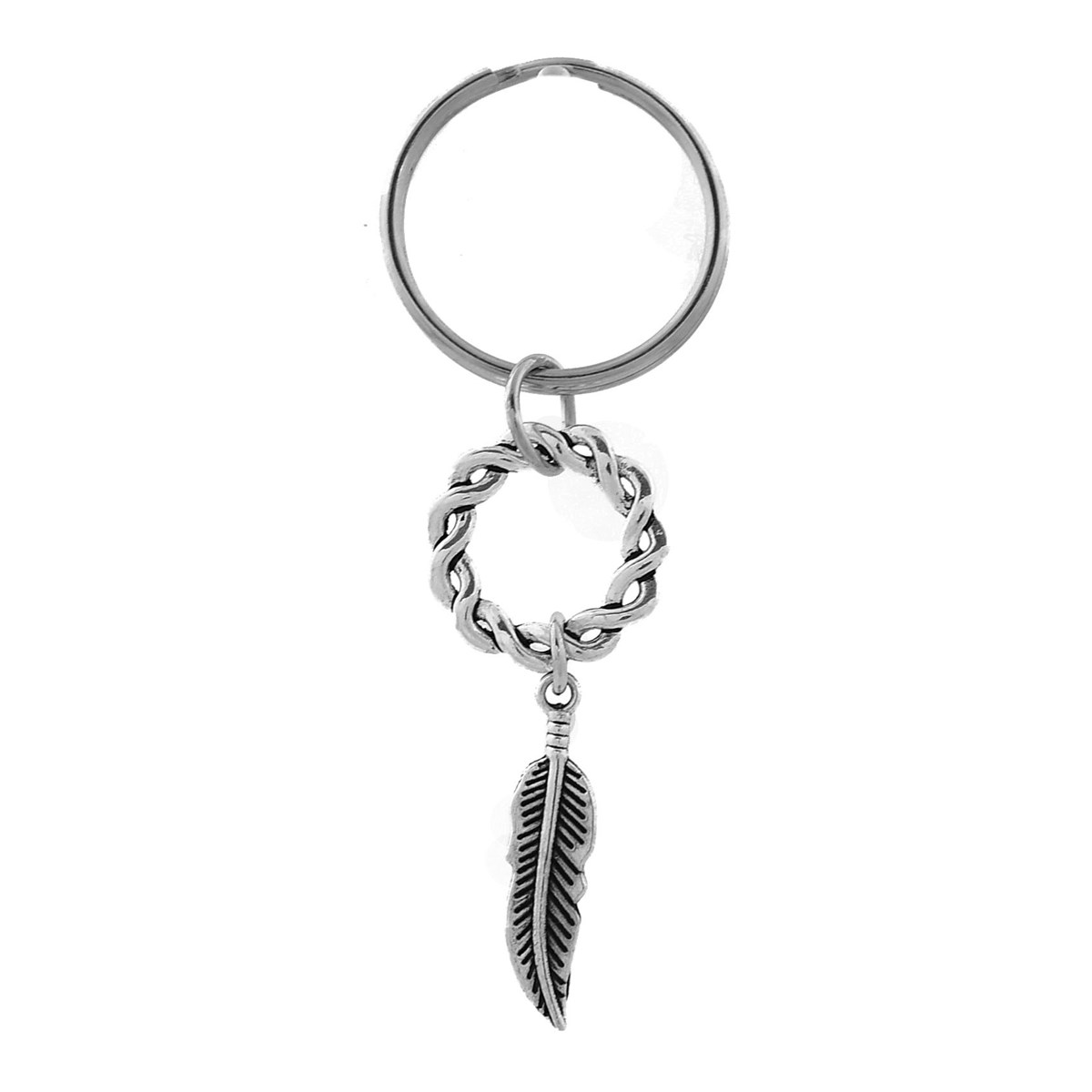 Porte-clés couronne de lauriers et plume pendante argenté
