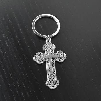 Christian cross trefoil key ring, silver