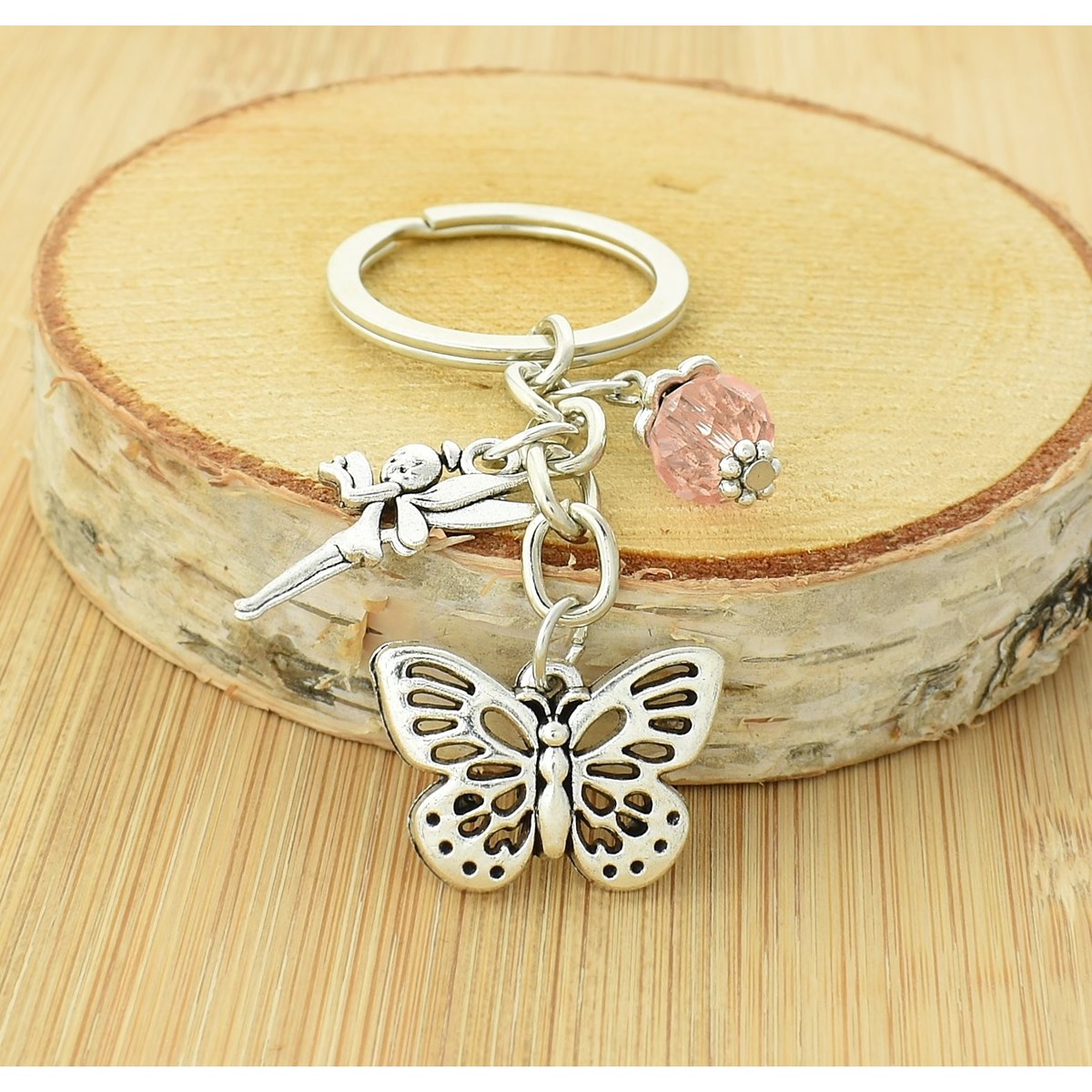 Porte-clés fée papillon et perle à facette rose argenté - vue 2
