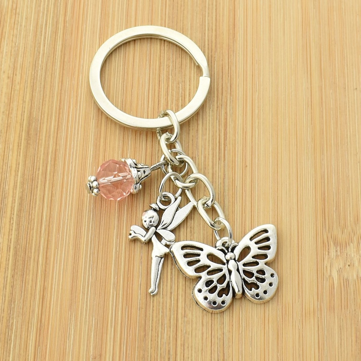 Porte-clés fée papillon et perle à facette rose argenté - vue 3