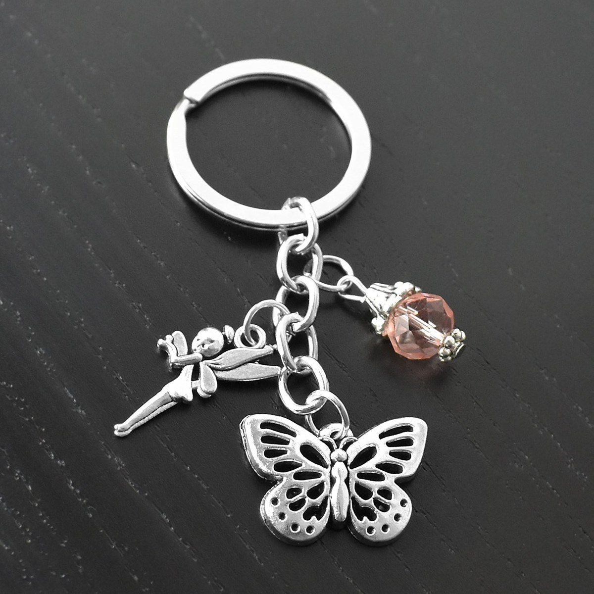 Porte-clés fée papillon et perle à facette rose argenté - vue 4