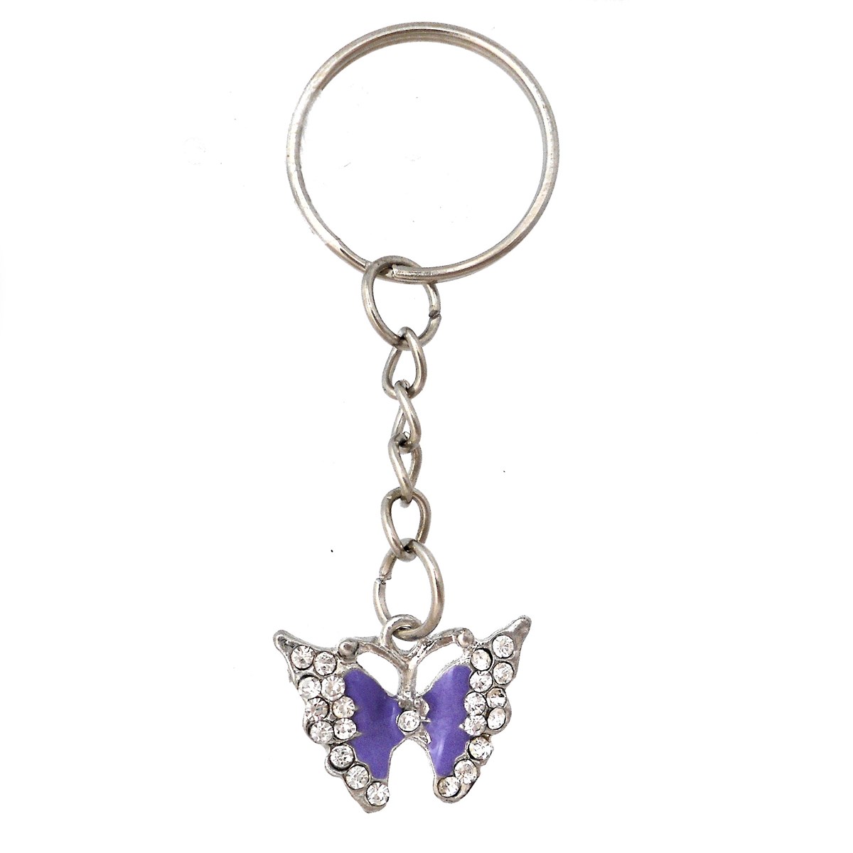 Porte-clés papillon strass et émail argenté Couleur Mauve
