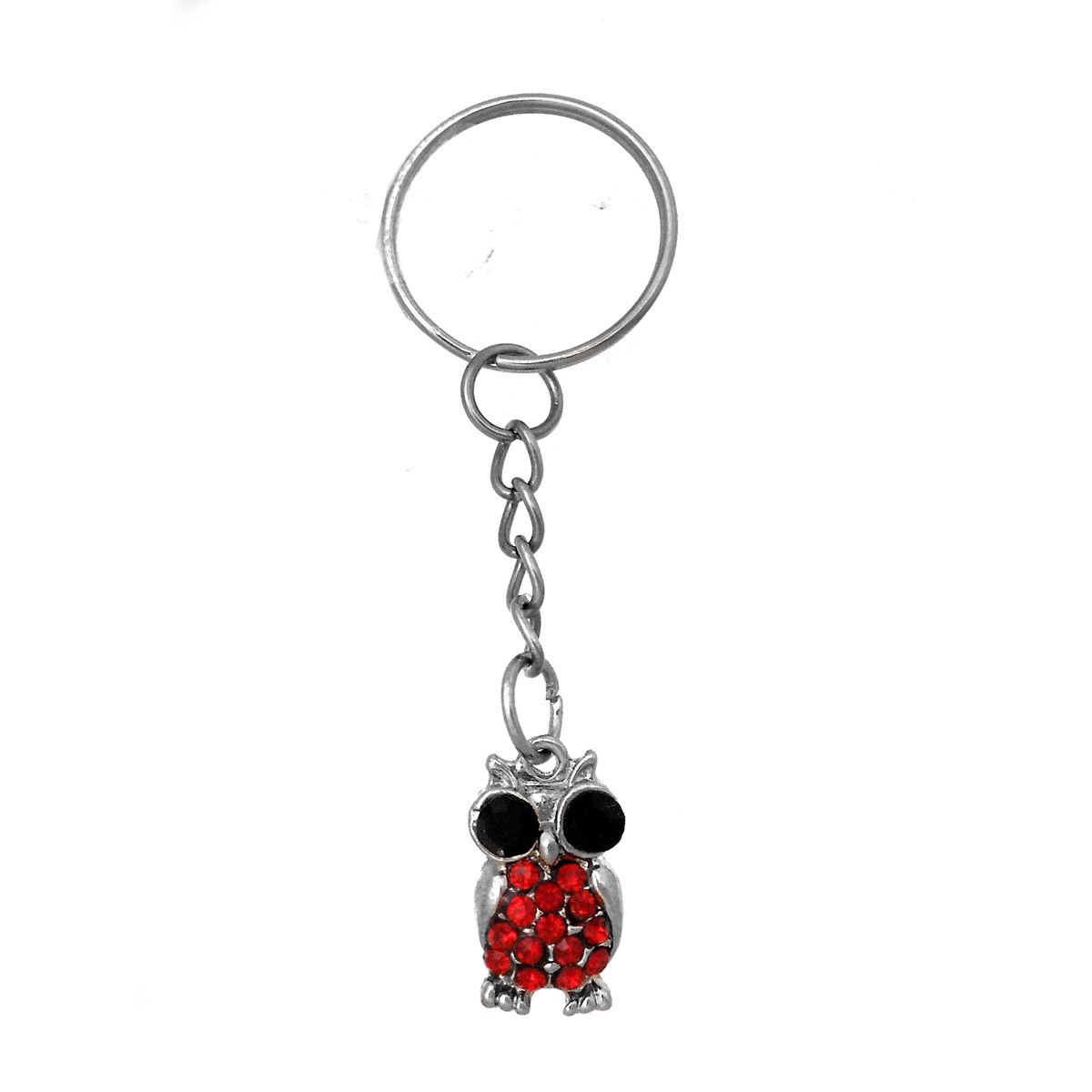 Porte-clés hibou aux yeux noirs strass argenté Couleur Rouge