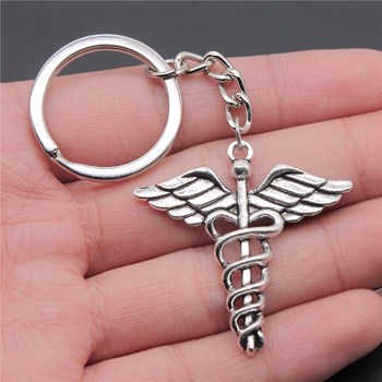 Silver medical caduceus key ring