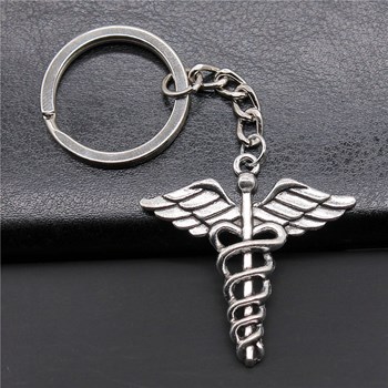 Silver medical caduceus key ring