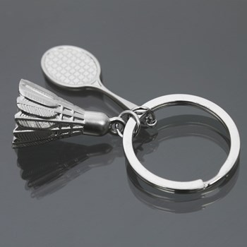 Badminton racket and shuttlecock keyring, silver