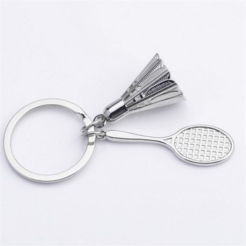 Badminton racket and shuttlecock keyring, silver