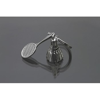 Badminton racket and shuttlecock keyring, silver
