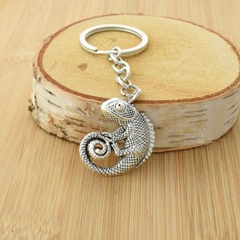 Silver chameleon reptile animal key ring