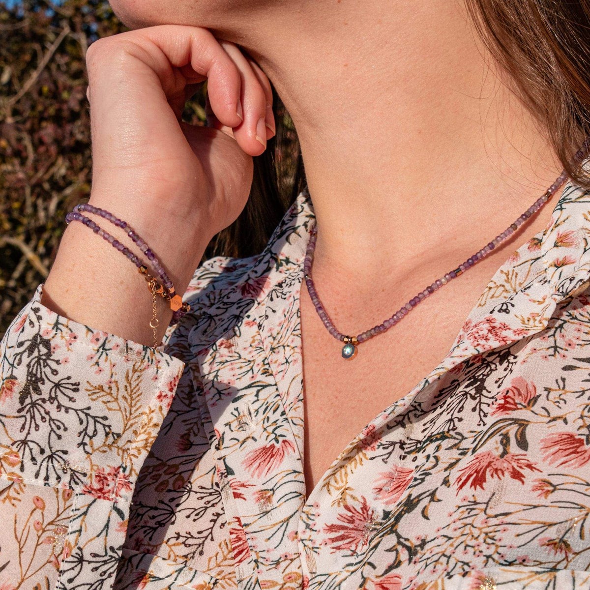 Collier, bracelet et boucles d'oreilles Lumia en pierres Améthyste - vue 2