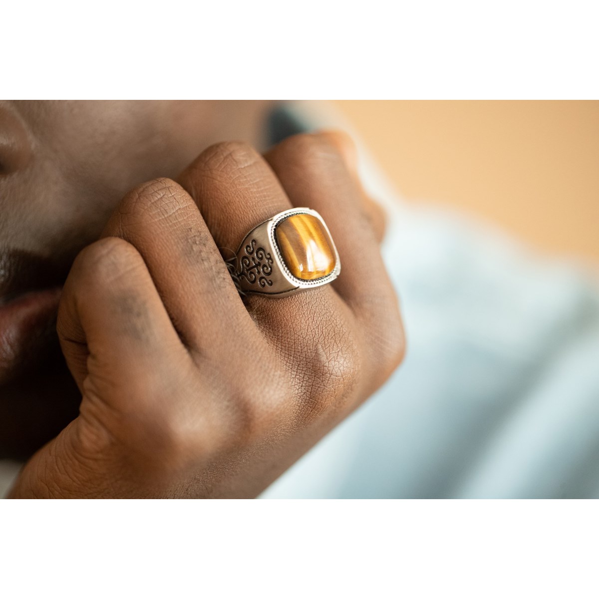 Bague Victor en Acier 316L avec oeil de tigre marron - vue 2
