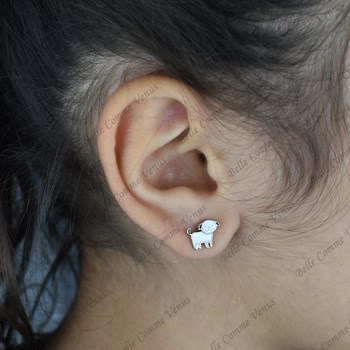 Boucles d'oreilles chien émail coloré blanc et noir Argent 925 Rhodié