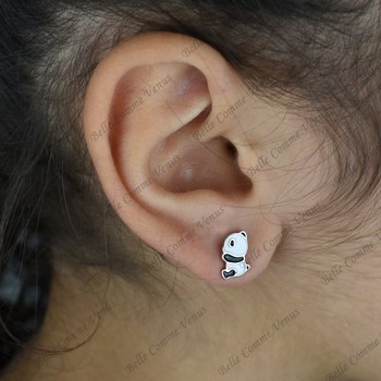 Boucles d'oreilles panda émail coloré blanc et noir Argent 925 Rhodié