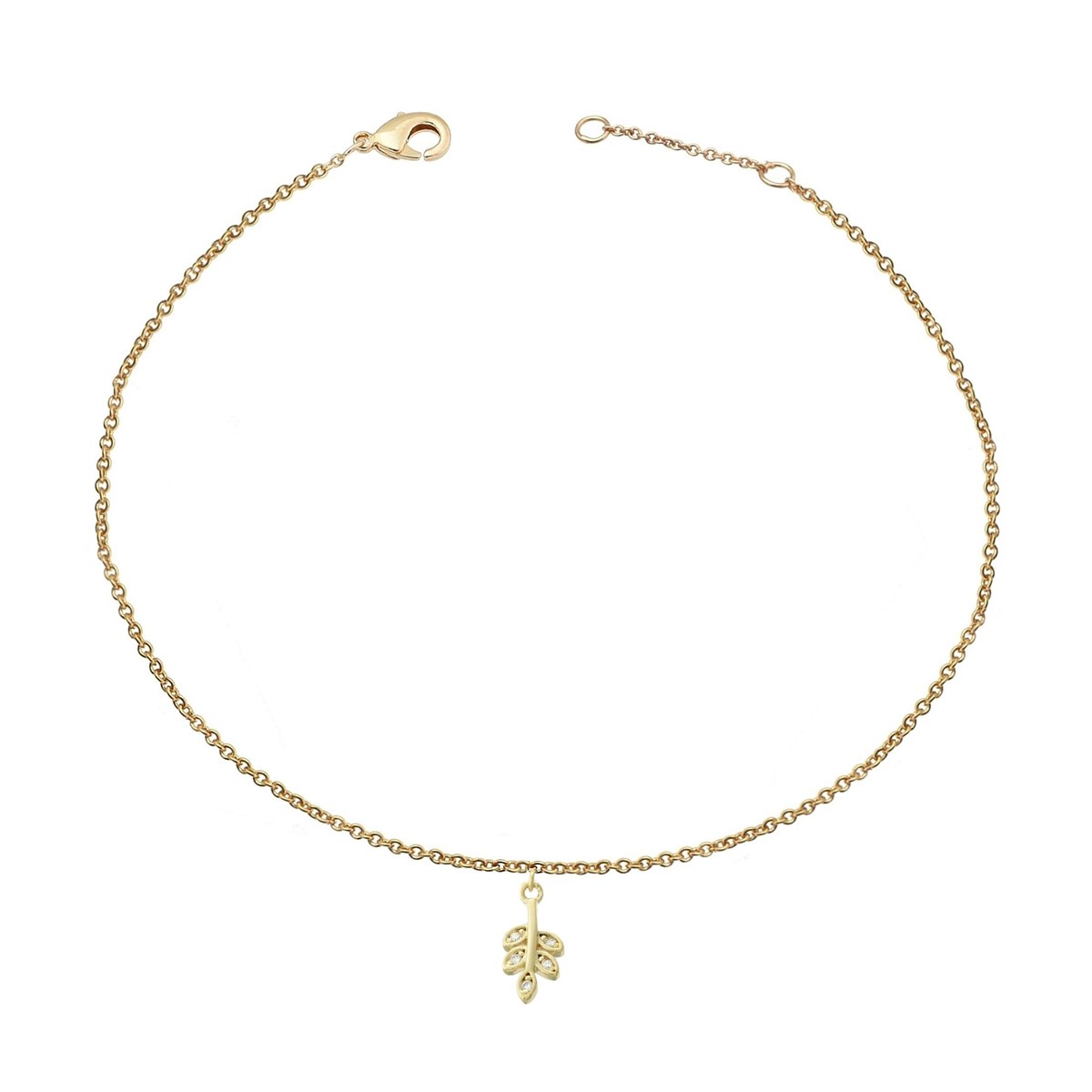 Chaîne de cheville petite feuille pendante sertie d'oxyde de zirconium Plaqué OR 750 3 microns