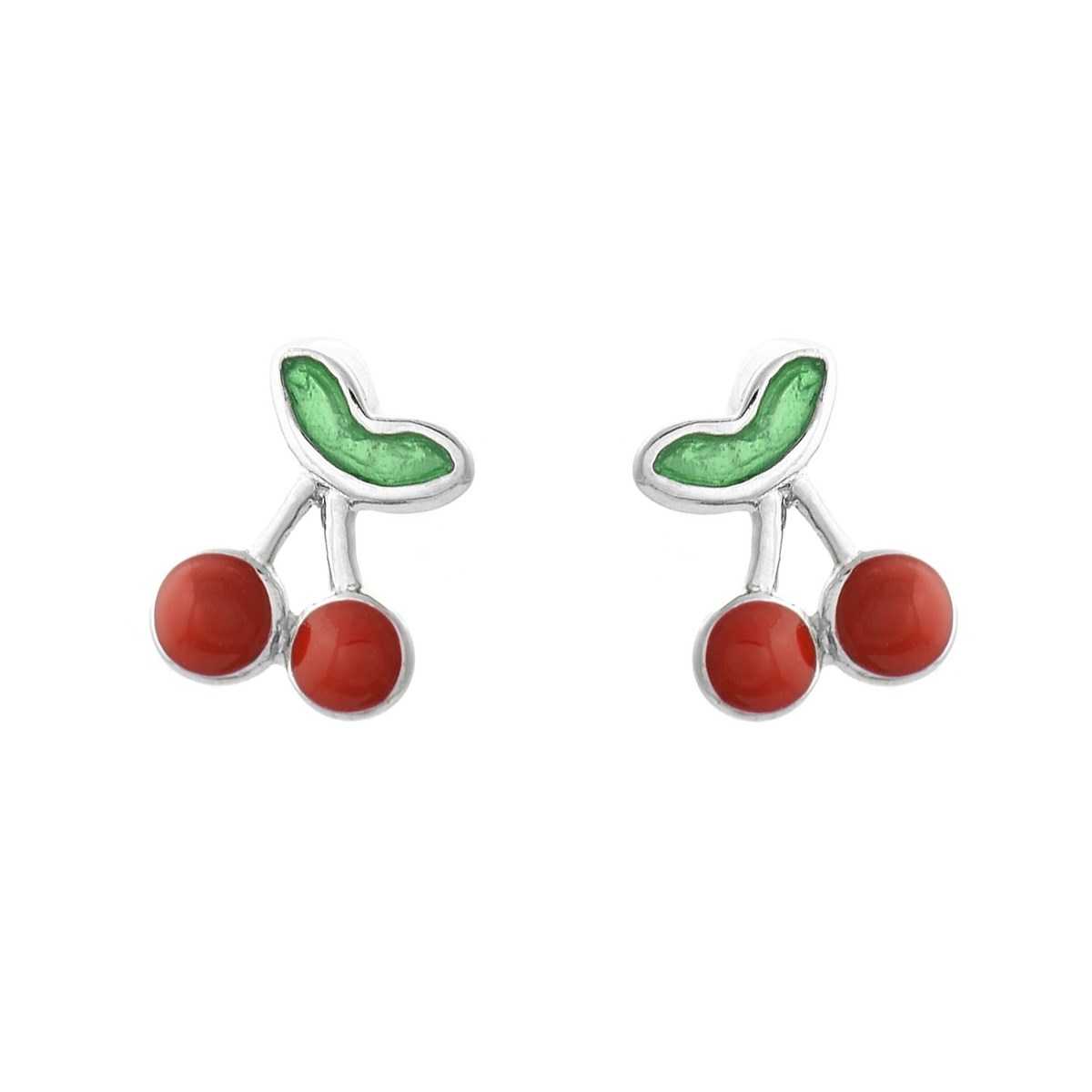 Boucles d'oreilles cerise émail rouge et vert Argent 925 Rhodié