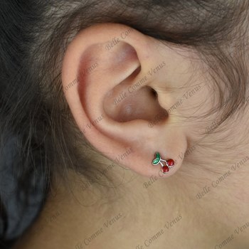 Boucles d'oreilles cerise émail rouge et vert Argent 925 Rhodié