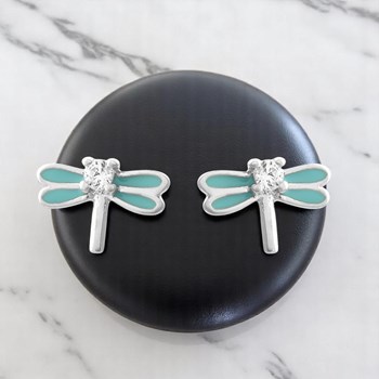 Boucles d'oreilles libellule émail bleu turquoise et oxyde de zirconium Argent 925 Rhodié