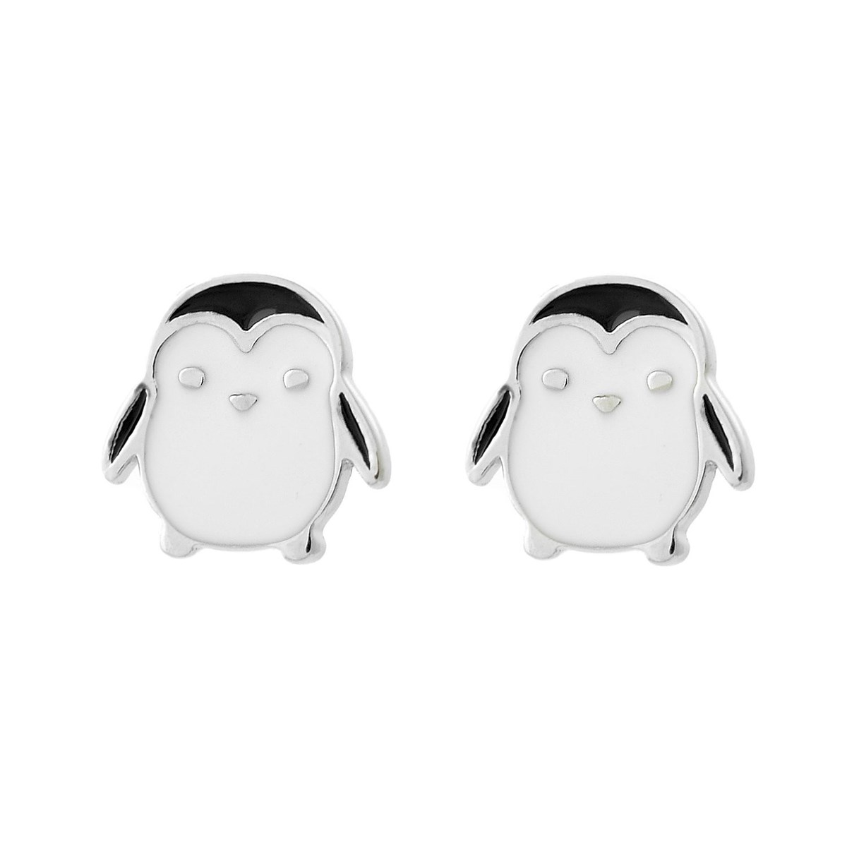 Boucles d'oreilles pingouin émail coloré blanc et noir Argent 925 Rhodié