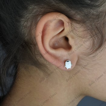 Boucles d'oreilles pingouin émail coloré blanc et noir Argent 925 Rhodié