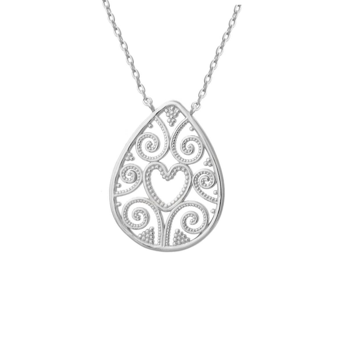 Collier coeur goutte ovale arabesque ciselée Argent 925 Rhodié