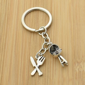 Barbecue knife fork key ring, silver