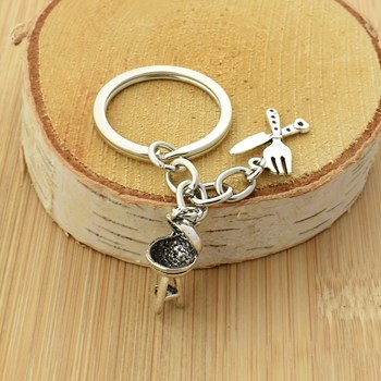 Barbecue knife fork key ring, silver