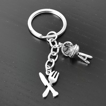 Barbecue knife fork key ring, silver