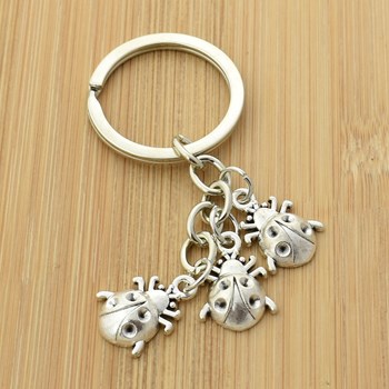 Ladybug keyring with 3 lucky charms, silver-plated