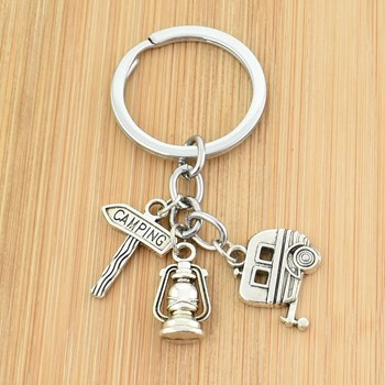 Keyring camping caravan lantern silver plate
