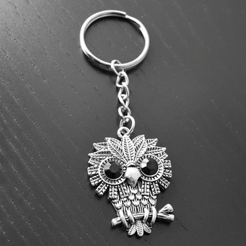 Porte-clés hibou aux grands yeux ronds et noirs argenté
