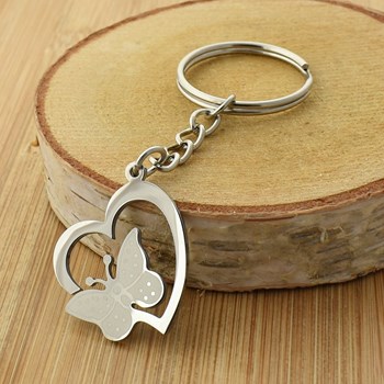 Heart and butterfly steel key ring