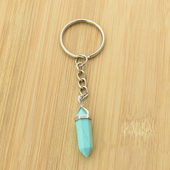 Hexagonal pointed prism keyring turquoise blue