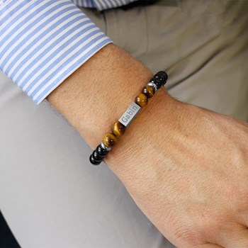 Bracelet perles oeil de tigre et agates noires homme - gravure PAPY