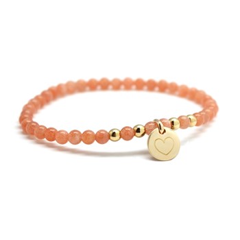 Bracelet perles pierre de soleil et mini charm plaqué or femme - gravure COEUR