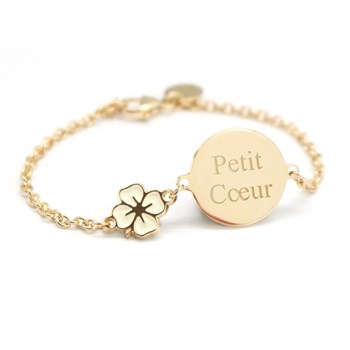 Bracelet chaine médaille trèfle laqué plaqué or enfant - gravure PETIT COEUR