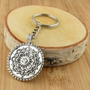 Flower of life keyring, lotus leaf, silver Om symbol