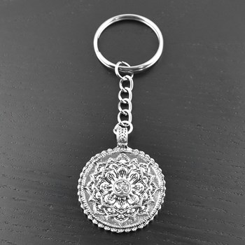 Flower of life keyring, lotus leaf, silver Om symbol
