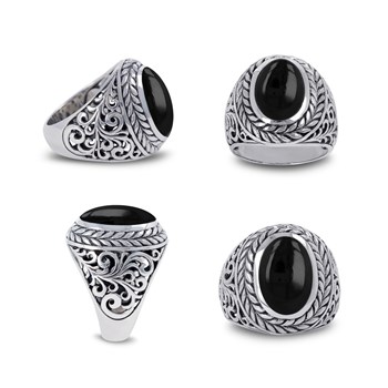 Bague Homme Onyx Ovale sur Argent Massif Effet Vieilli | Aden Boutique