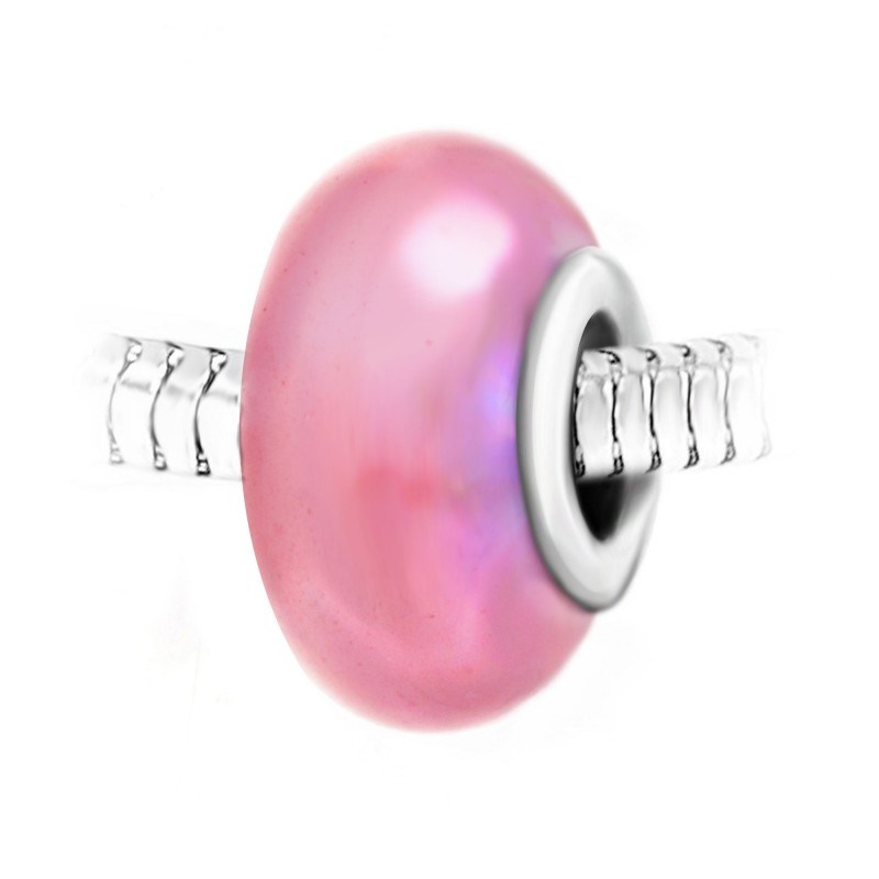 Charm perle verre rose en acier inoxydable