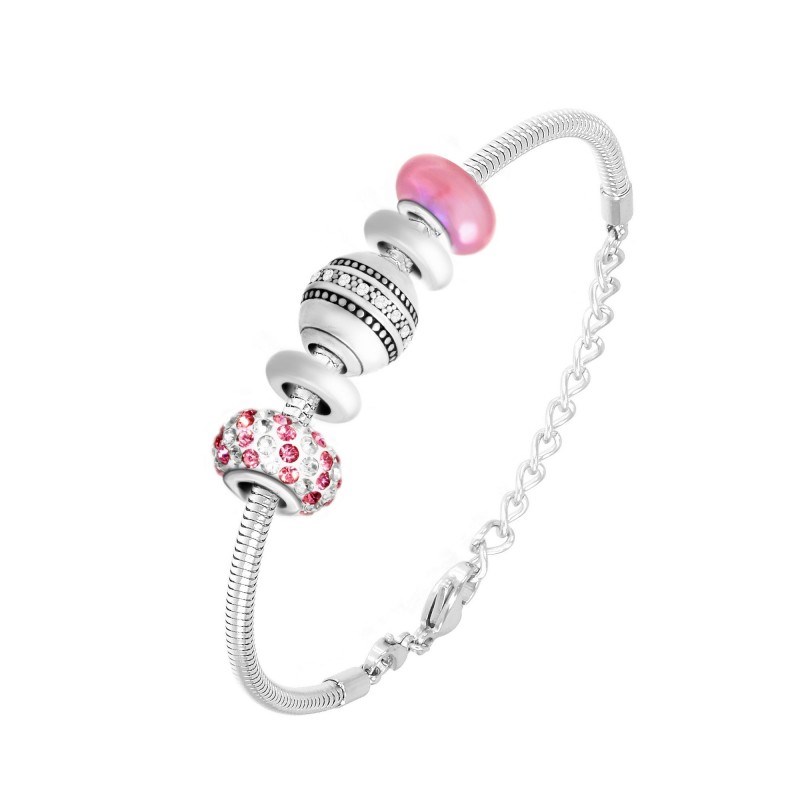 Charm perle verre rose en acier inoxydable - vue 2