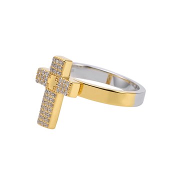 Bague Argent Croix Doré Sertie De Zirconiums