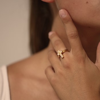 Bague Argent Croix Doré Sertie De Zirconiums