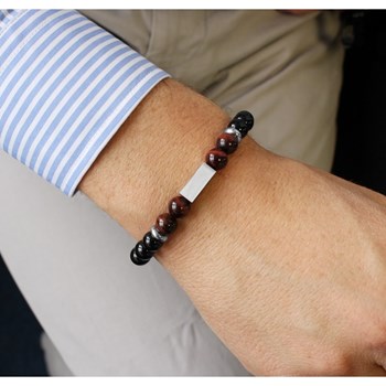 Bracelet perles agates noires et oeil de taureau homme - gravure NOUS COEUR