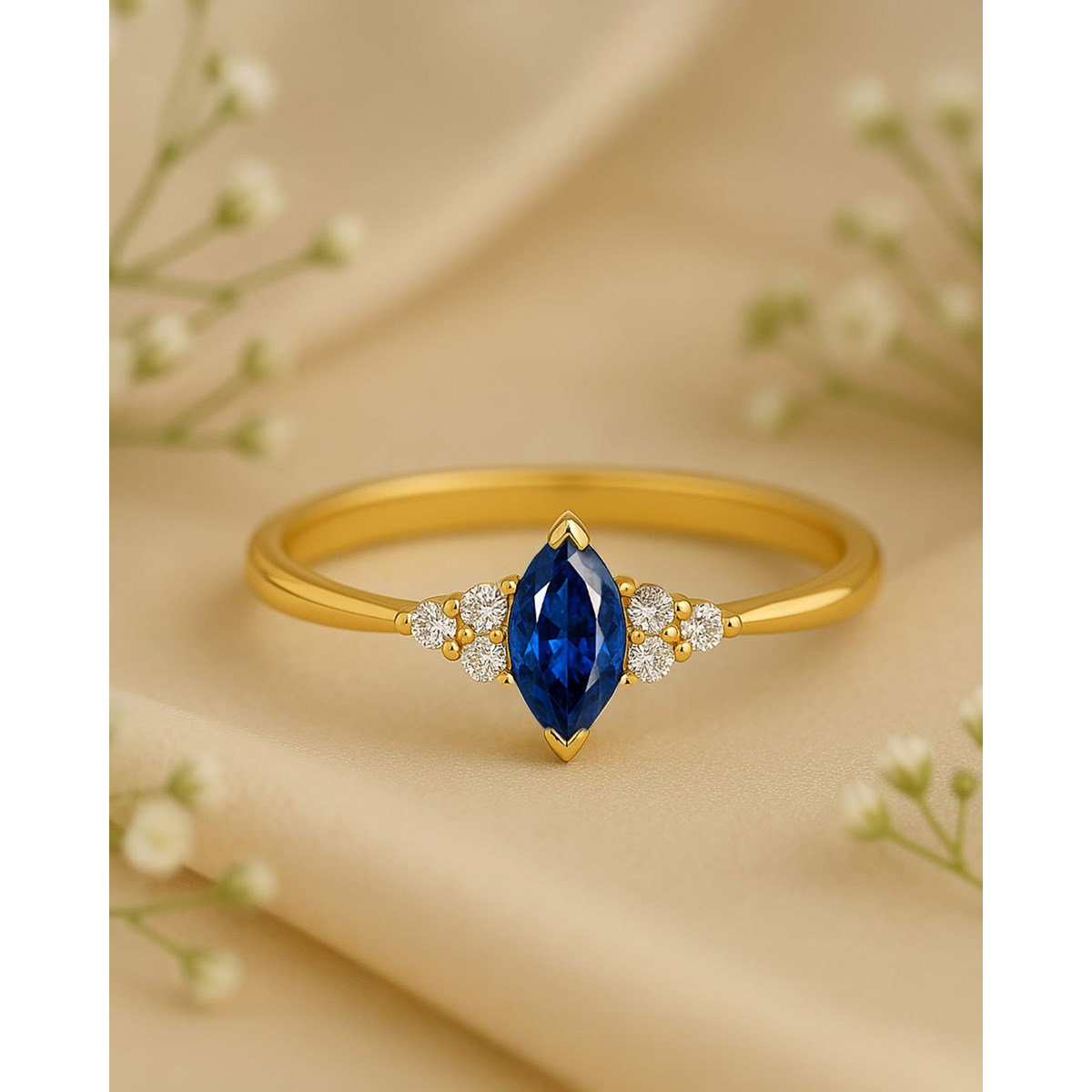 Bague Or Jaune 14K avec Saphir Marquise et Diamants | ADEN Joaillerie - vue 4