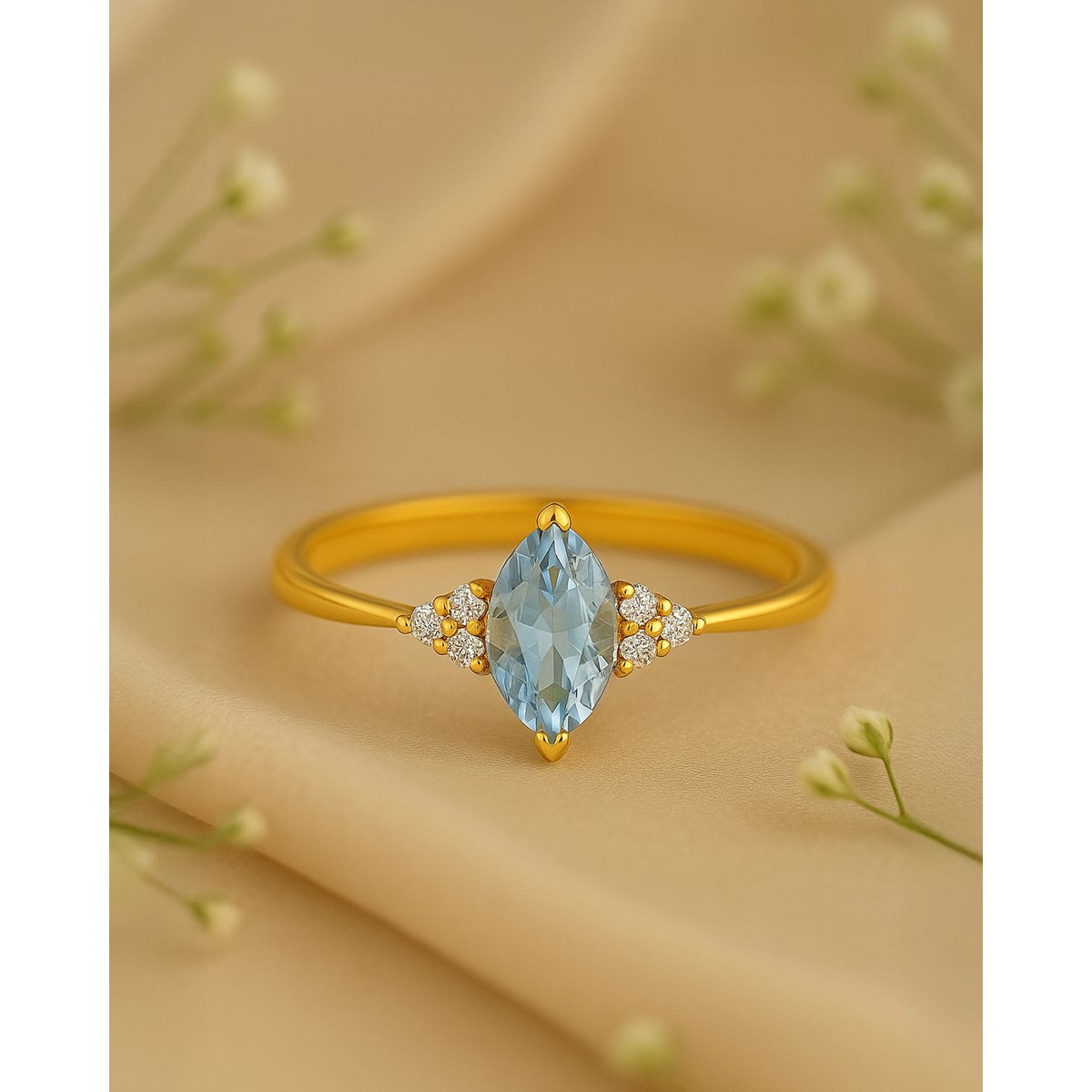 Bague Or Jaune 14K avec Aigue-Marine Marquise et Diamants | ADEN Joaillerie - vue 4