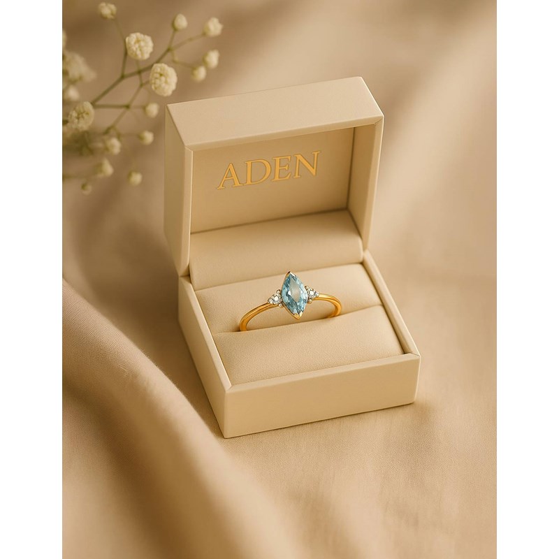 Bague Or Jaune 14K avec Aigue-Marine Marquise et Diamants | ADEN Joaillerie - vue 5
